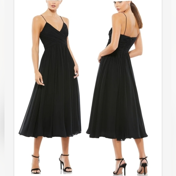 Mac Duggal Dresses & Skirts - Mac Duggal Black Midi chiffon spaghetti strap v neck dress 2650 Size M MWT